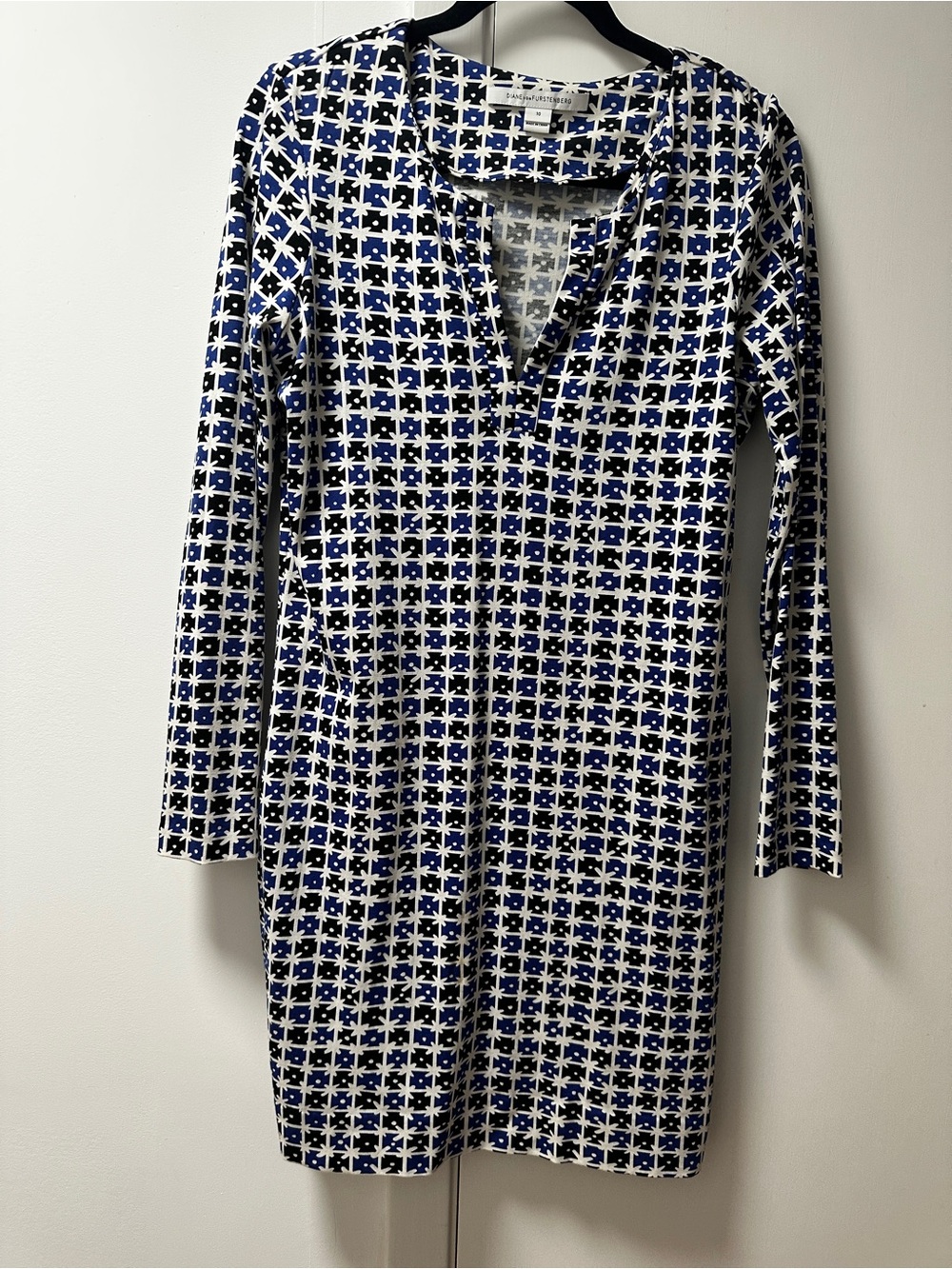 Diane von Furstenberg DVF Reina Tunic Dress Check Dot Blue Long Sleeve size 10